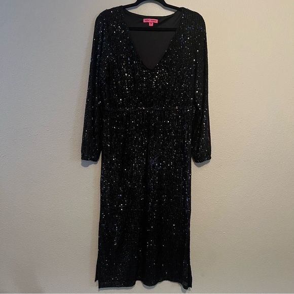 Betsey Johnson Black Sequin Long Sleeve Stretch long Dress Sz M - Picture 1 of 5